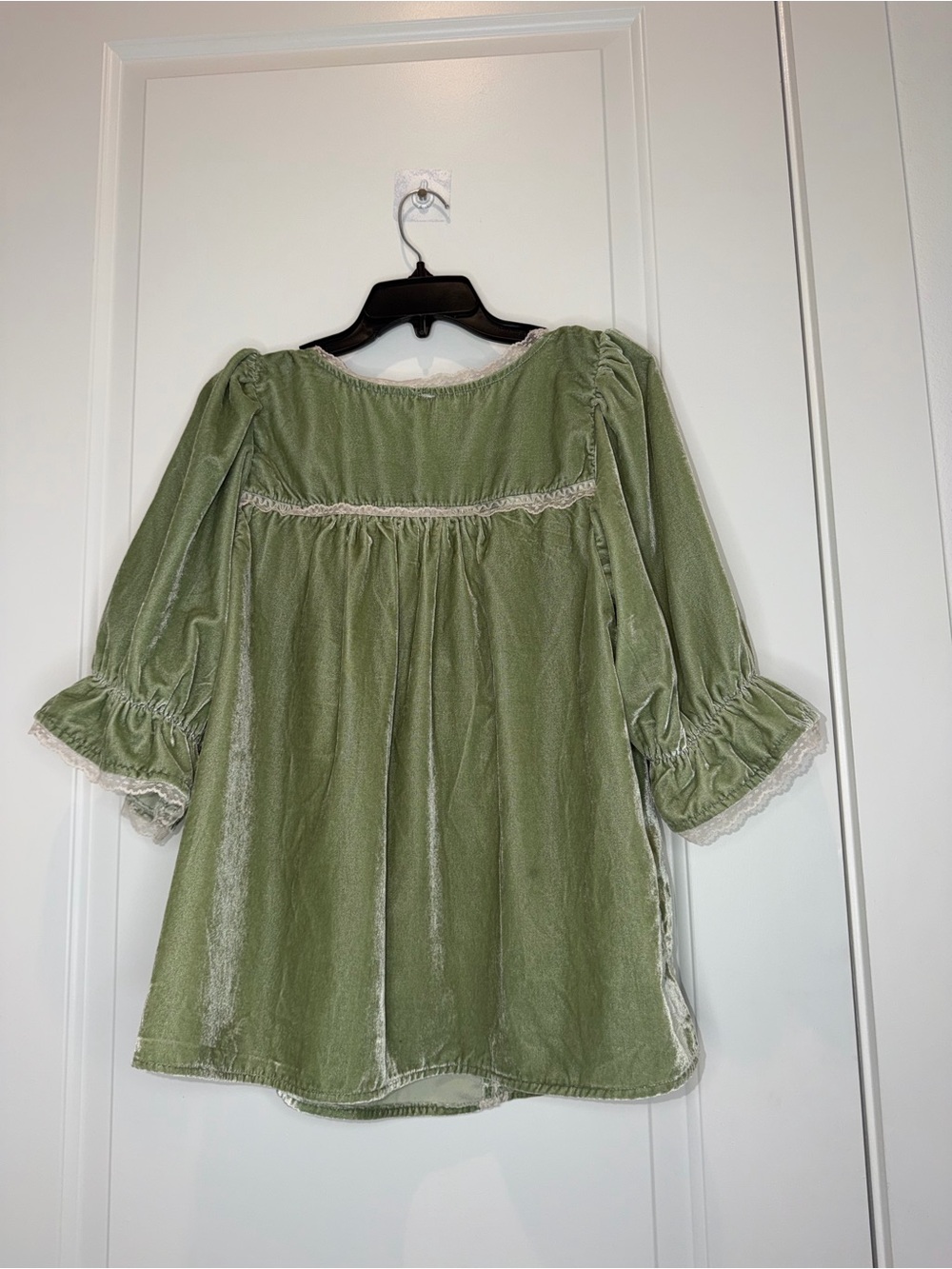 Free People Sage Green Velvet Blouse with Lace Trim - Picture 2 of 16